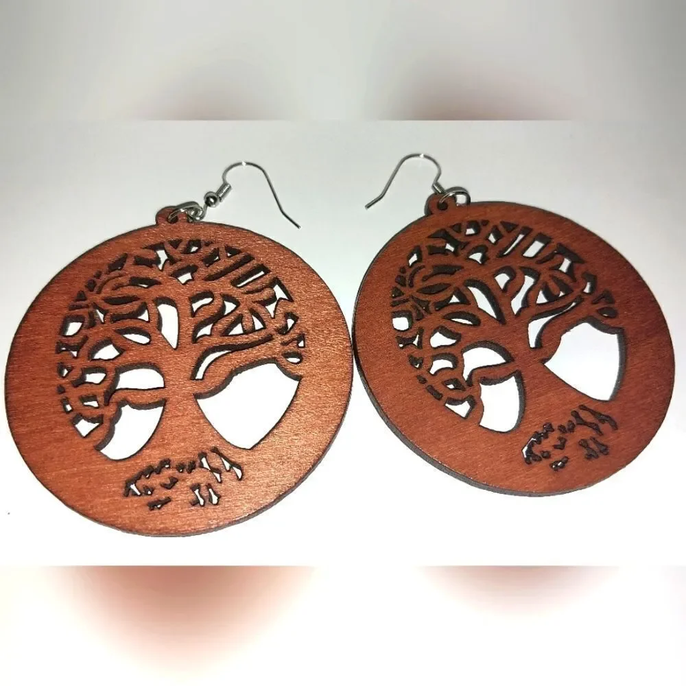 Brown Hollow Wooden tree Of Life Earrings